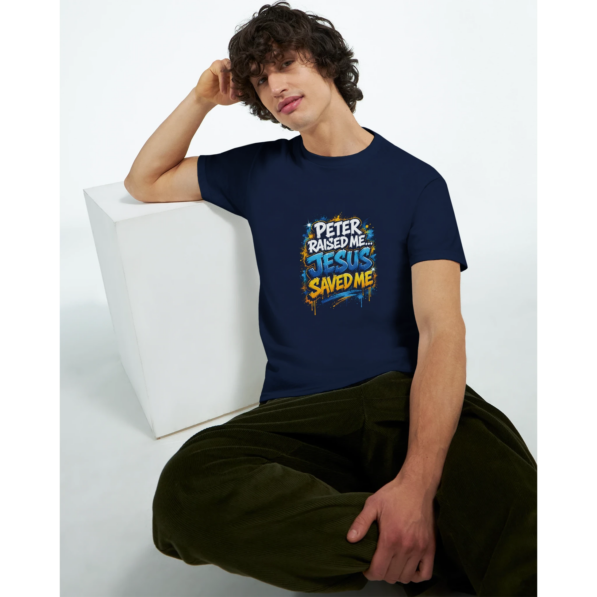 Model wearing The Testimony Graphic Tee featuring a Christian message of redemption by StillWear Trends.