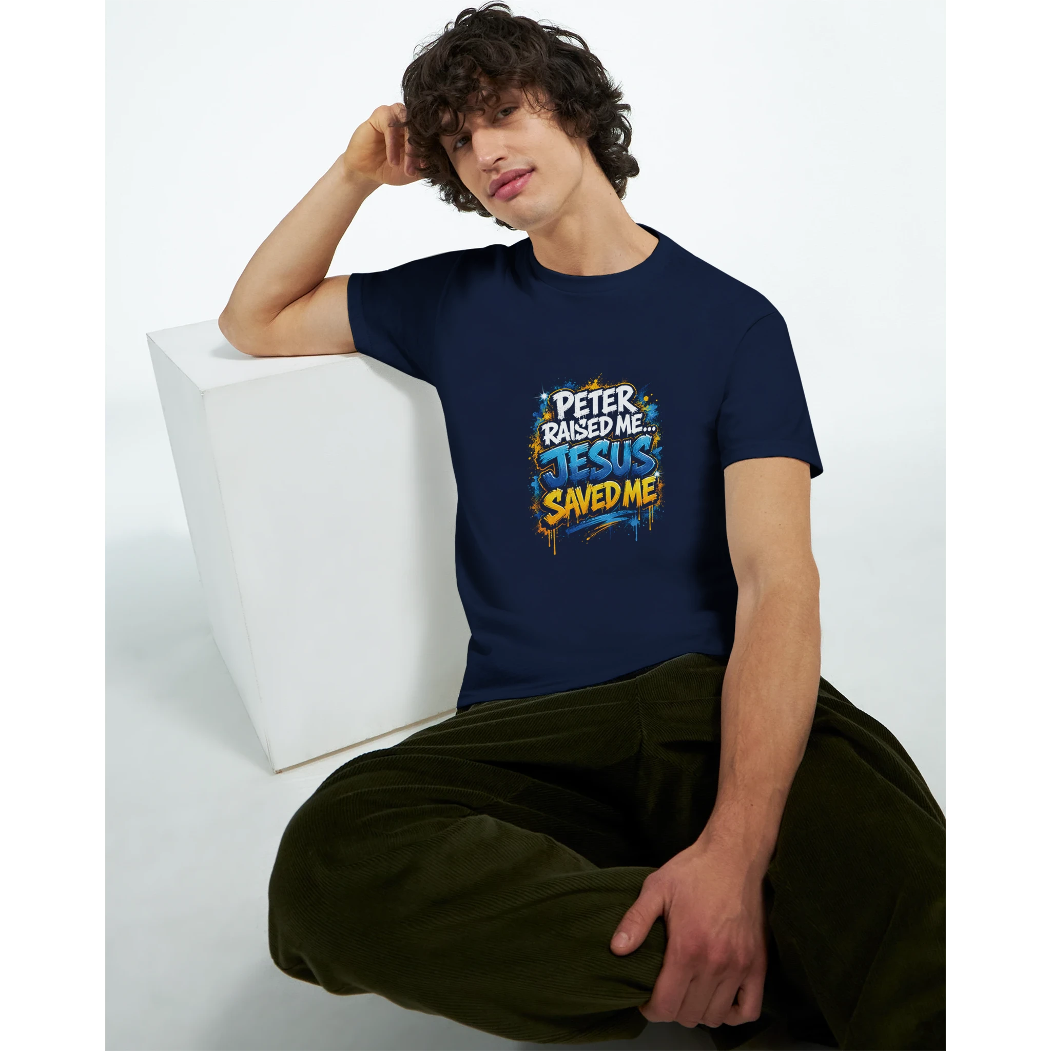 Model wearing The Testimony Graphic Tee featuring a Christian message of redemption by StillWear Trends.