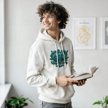 Model wearing the Neon Sanctuary Hoodie featuring vibrant Christian streetwear artwork by StillWear Trends.