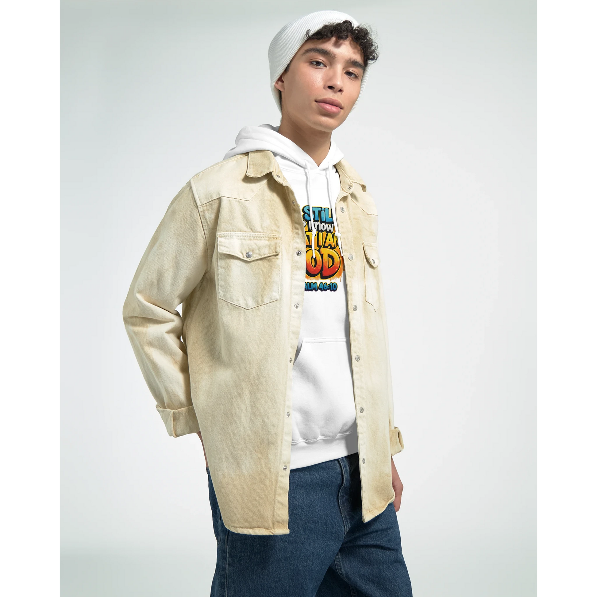 Model wearing the Be Still Bold hoodie inspired by Psalm 46:10 from StillWear Trends.