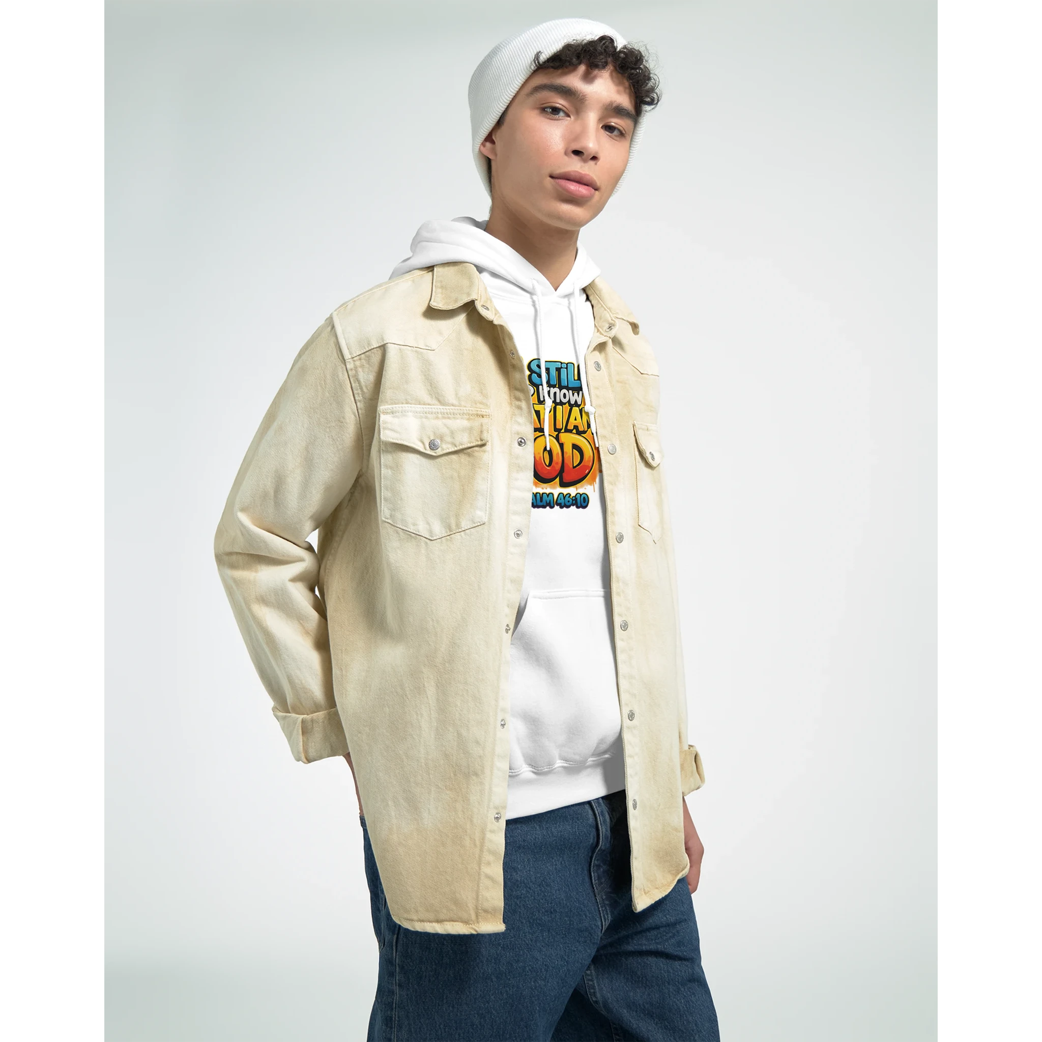 Model wearing the Be Still Bold hoodie inspired by Psalm 46:10 from StillWear Trends.
