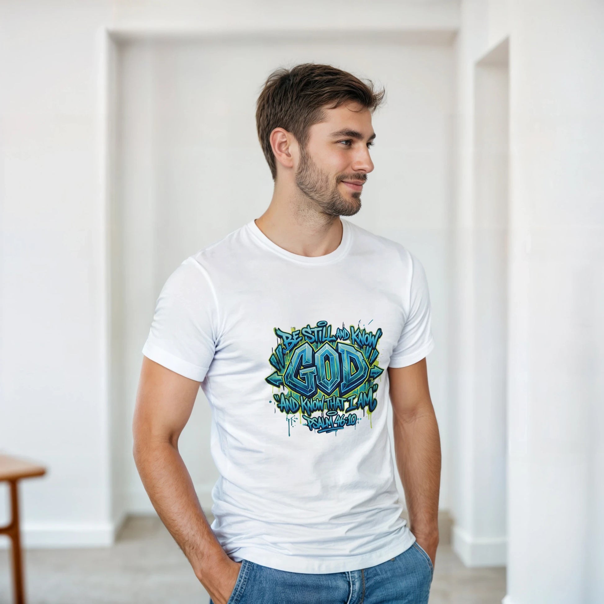 Model wearing the Neon Sanctuary Tee featuring vibrant Christian streetwear artwork by StillWear Trends.