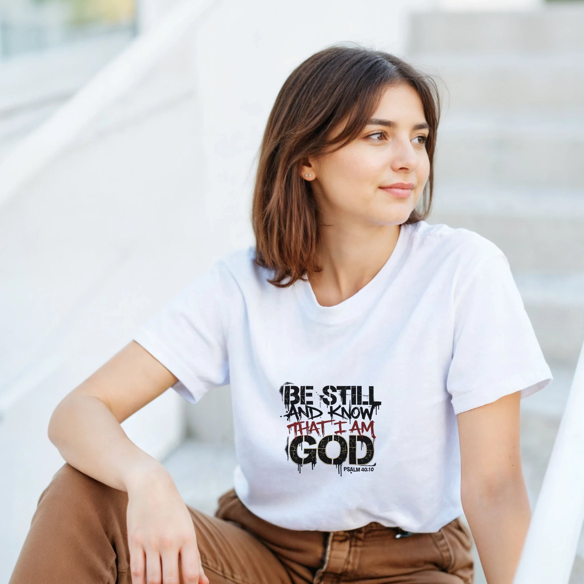 Model wearing the Concrete Grace Stencil Tee featuring an urban-inspired Christian design by StillWear Trends.