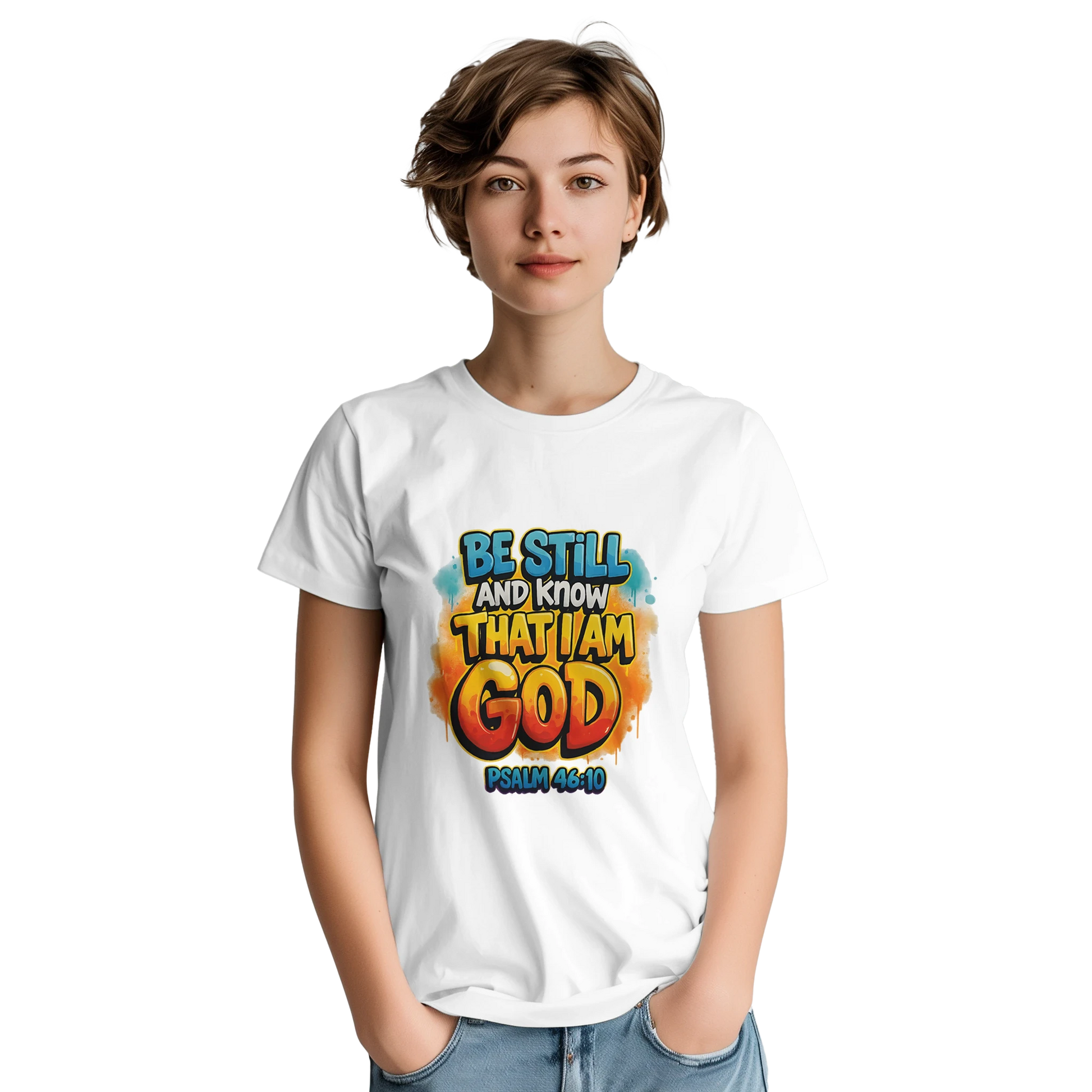 Model wearing the Be Still Bold Graphic Tee inspired by Psalm 46:10 from StillWear Trends.