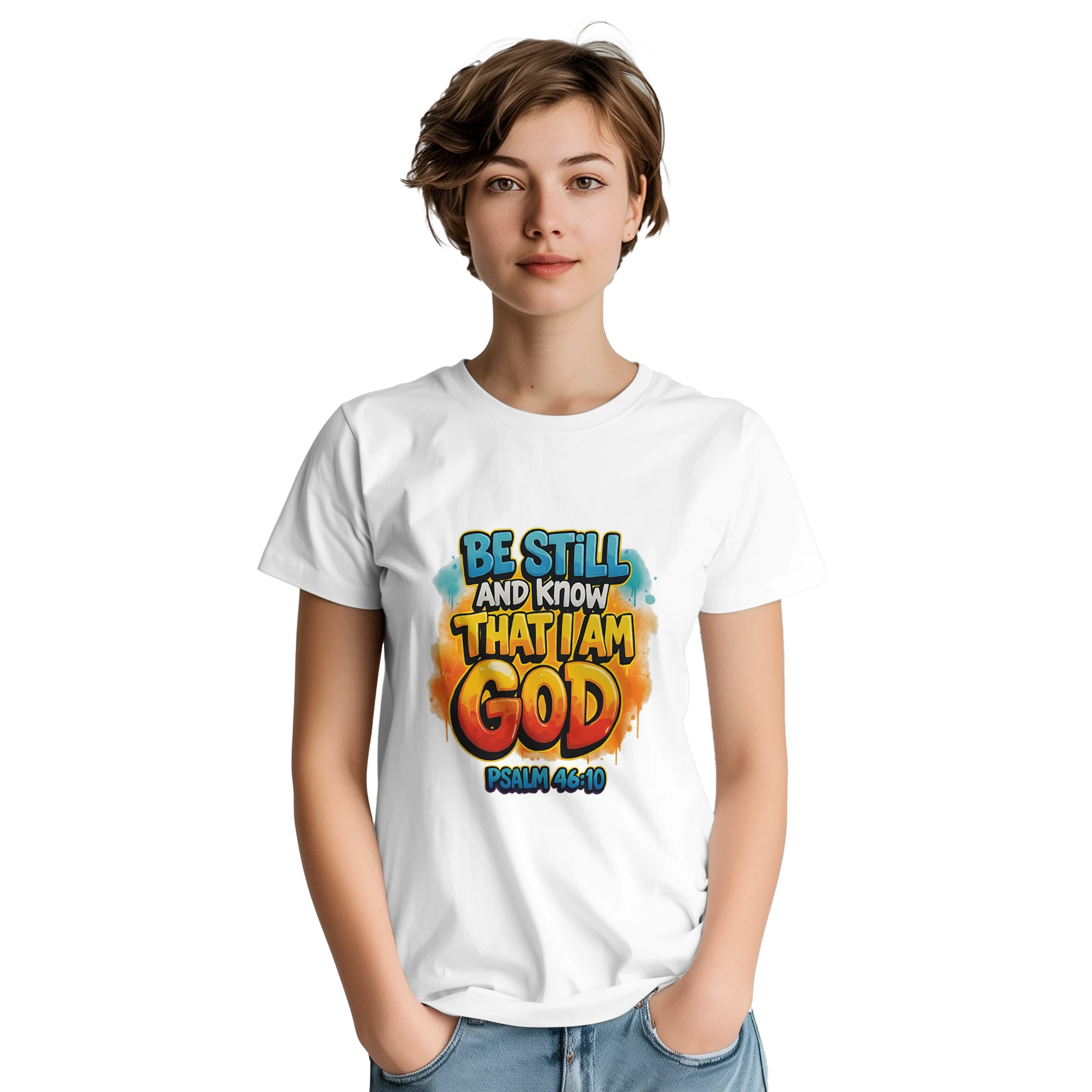 Model wearing the Be Still Bold Graphic Tee inspired by Psalm 46:10 from StillWear Trends.